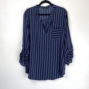 Emperice Blouse Top Tunic 1X Blue Striped V-Neck Roll Tab Sleeve Casual Workwear